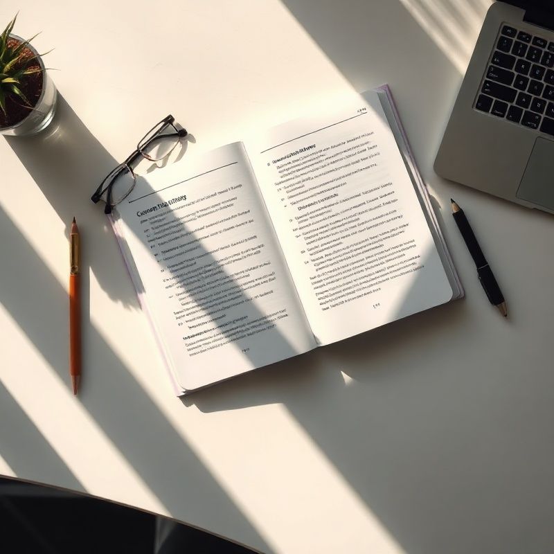 A course workbook and laptop open on a clean indigo-accented desk